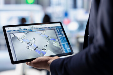 Fototapeta premium Technician using tablet to monitor solar panel plant assembly lines. Close up of employee using touchscreen device to troubleshoot photovoltaic equipment, ensuring seamless production workflow