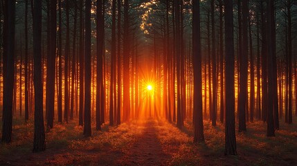 Fototapeta premium Sunset in forest with sunbeams and golden light high resolution hd image