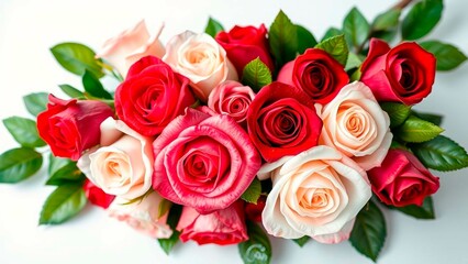 Naklejka premium Elegant bouquet featuring red and blush roses intertwined with vibrant green foliage, creating a romantic and visually appealing floral display.