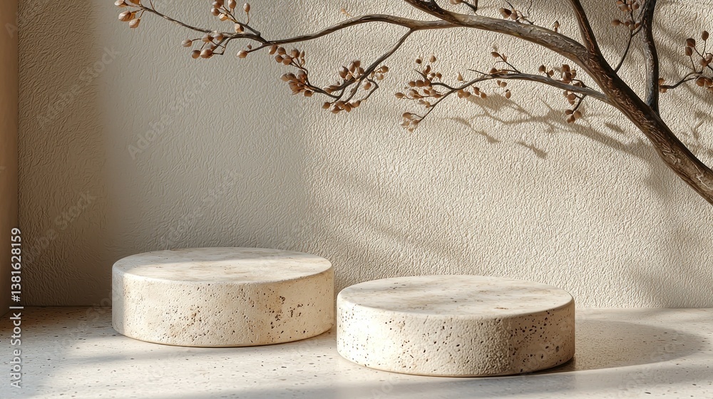 Poster two elegant stone podiums rest on a beige surface, basking in warm sunlight. a delicate branch with 