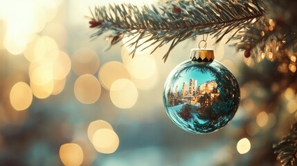 Obraz premium A shimmering blue ornament hangs gracefully from a pine tree branch. reflecting a vibrant city skyline during a festive winter sunset. creating a warm holiday atmosphere