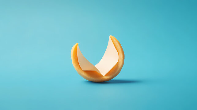 Open fortune cookie on a vibrant blue background revealing its hollow shell with an empty paper note inside, emphasizing minimalism and simplicity. Hollowed Fate. Illustration