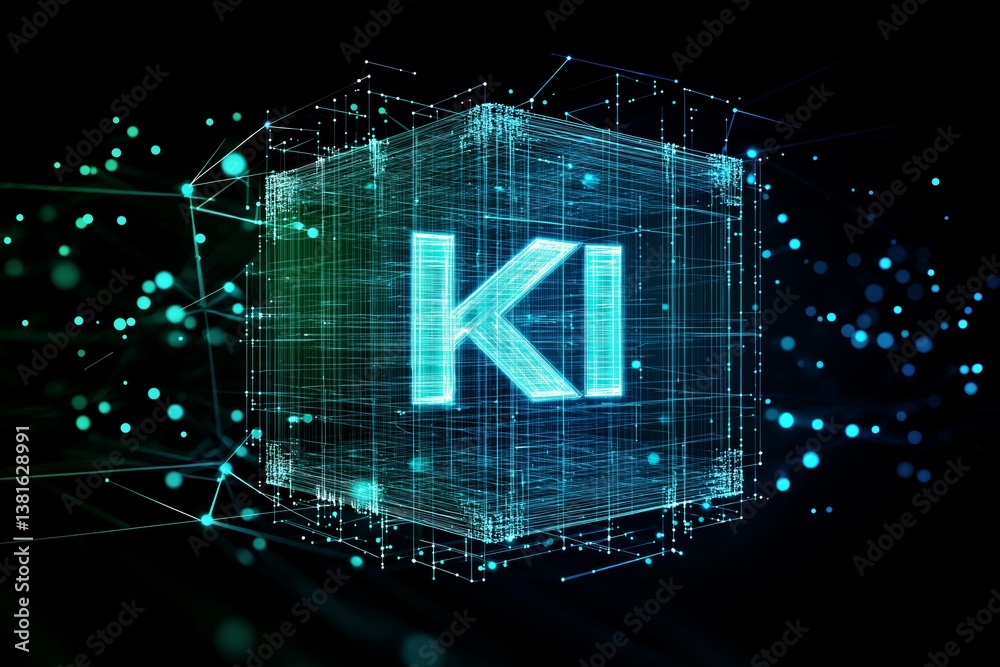 Poster Glowing digital cube with KI letters representing artificial intelligence and futuristic data network structure in virtual space, Generative AI