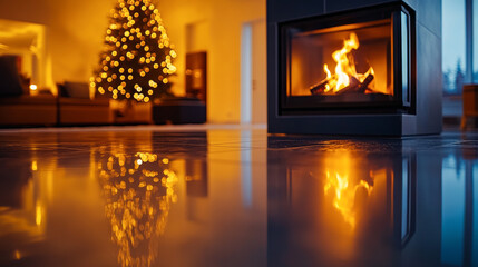 Cozy winter night by the fireplace with burning fire and christmas ambiance. concept of warmth, comfort, holiday season, festive atmosphere