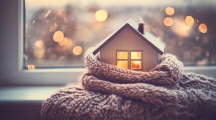 Charming winter scene of small house model in warm knit scarf. concept of cozy home, winter warmth, festive ambiance