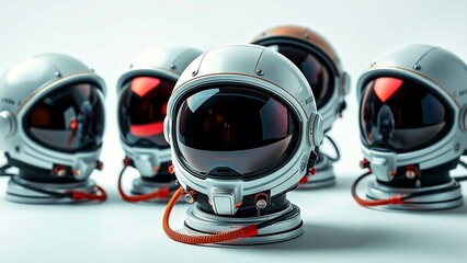 Fototapeta premium Astronaut Helmets on Display: A collection of space helmets are presented against a clean background, evoking exploration and adventure.