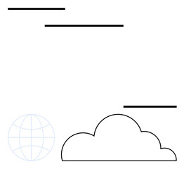 Stylized cloud with horizon lines and globe outline. Ideal for technology, internet, global reach, innovation, data storage, connectivity, communication. Flat simple metaphor