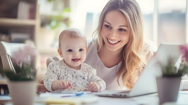 A smiling mother works at her computer while holding her baby. The background is bright and airy with soft, natural light.