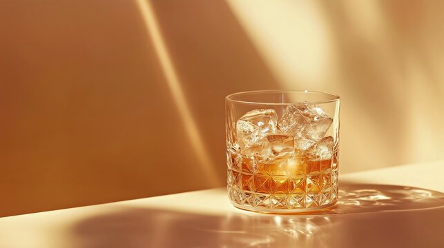 Close-up of American bourbon whiskey poured over large ice cubes in a crystal-clear glass