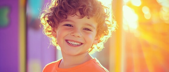 Fototapeta premium Adorable smiling Caucasian boy with curly hair enjoying a sunny day outdoors Portrait of a happy child with a bright, cheerful expression and healthy teeth