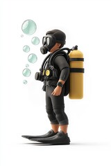 3d illustration of a young diver wearing a diving suit, oxygen tank, and flippers, blowing bubbles underwater, showcasing a minimalist style