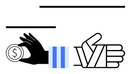 Black hand holding coin symbolizing value and economy adjacent to a thumbs-up gesture expressing approval. Ideal for finance, savings, reward, success, motivation, appreciation, business. Flat simple