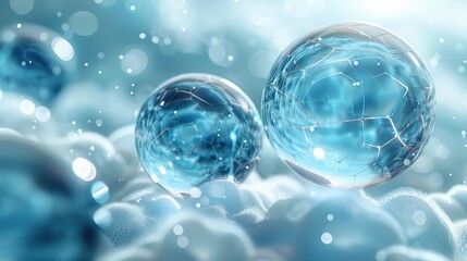 3D render of three transparent blue bubbles floating on top of an abstract white background with light gray and dark azure geometric patterns