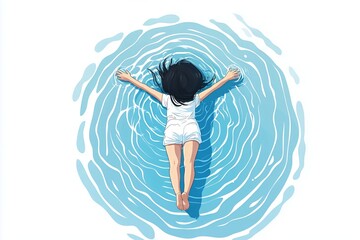 Minimalist flat illustration featuring a young woman floating on her back in rippling blue water, arms outstretched, creating a sense of peace and tranquility