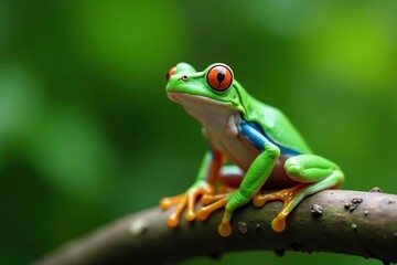 Green tree frog perched on white, vibrant skin, tropical, clean, legs