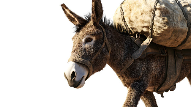 Donkey carrying a heavy load animal burden working animal transportation rural scene rusti