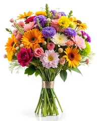 Obraz premium Beautiful bouquet of colorful flowers in a glass vase, featuring roses, daisies, and blossoms, perfect for decoration or a spring wedding gift