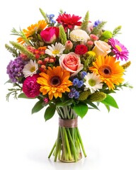Colorful bouquet of flowers in a vase with a variety of blossoms including roses, daisies, and gerberas, showcasing vibrant petals in pink, yellow, and orange for a beautiful floral arrangement