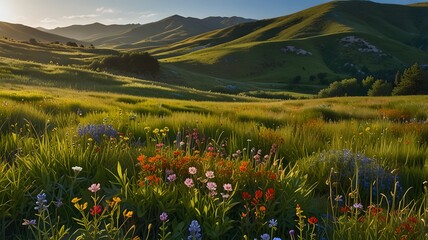 A meadow filled with colorful wildflowers under a bright blue sky, with rolling green hills in the background