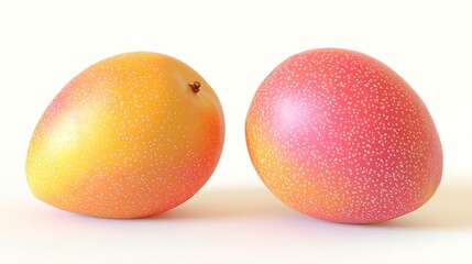Obraz premium Two brightly colored mangoes arranged together on a white surface