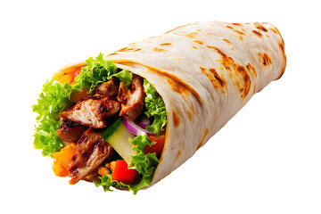 ​Delicious Chicken Shawarma Wrap with Fresh Vegetables - Isolated on White