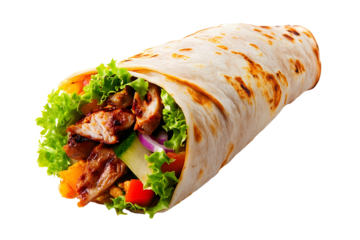 ​Delicious Chicken Shawarma Wrap with Fresh Vegetables - Isolated on White