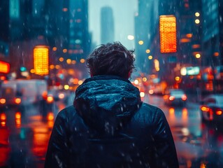 Man walking in the rain in a big city at night.