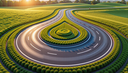 Curvy road winding through lush green fields at sunset, nature's design