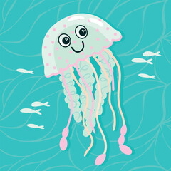 Cartoon jellyfish swimming in water with small fishes. Cute character with eyes and mouth. Blue background with glare. Colorful print with underwater animal. Vector design for use in card, banner
