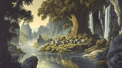 A detailed illustration of a beautiful village surrounded by nature