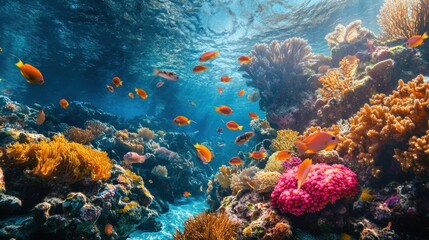 Naklejka premium Underwater splendor: A thriving coral reef ecosystem teeming with vibrant marine life