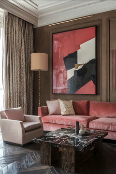 An elegantly designed room with a dark valnut French chevron floor Dominating the space is a large abstract artwork with bold colors like red white and black Adjace