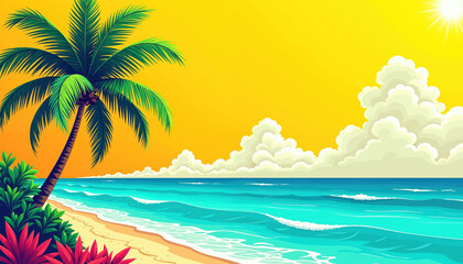 Beautiful colorful illustration of a serene tropical beach with a vibrant sunset, palm trees, and colorful plants, conveying a sense of tranquility and warmth.