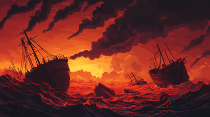 Obraz premium Shipwrecks drifting amid turbulent waves, dark thunderclouds looming over fiery sunset sky, depicting maritime catastrophe and emotional desolation. Wrecked Time. Illustration