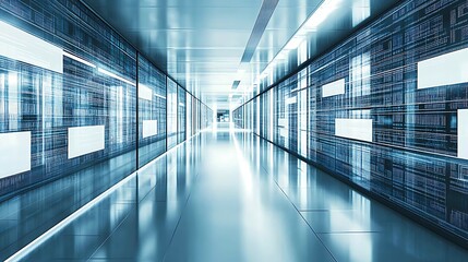 A modern hallway with data on walls and bright reflections