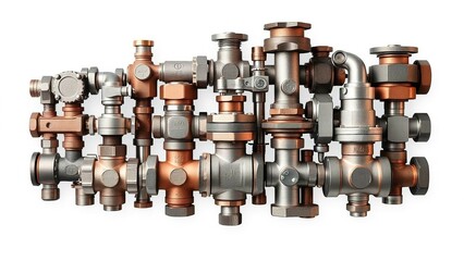 Intricate network of metallic valves, couplings, and pipes assembled together demonstrating complex engineering and industrial design.
