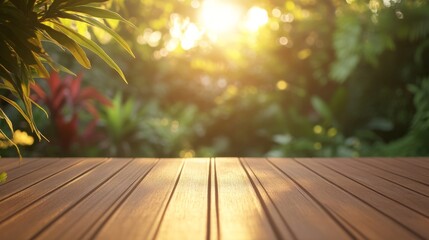 Smooth wooden deck with blurred vibrant leaves, golden sunrise shining through the foliage generative ai