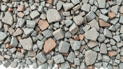 Pile of angular gravel and stones, displaying textures and varying shades of gray and beige. 