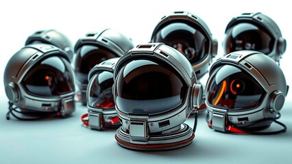 A collection of futuristic, metallic space helmets with reflective visors, arranged on a clean, bright surface. Focus on exploration and technology.