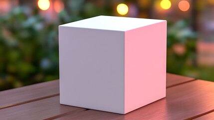 A white cube sits on a wooden table in soft light
