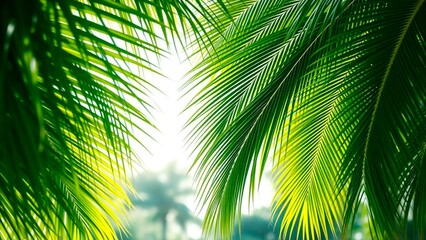 Obraz premium Palm fronds reaching toward the sky, sunlight filtering through the leaves, creating a tropical and serene atmosphere. Nature's beauty at its finest.