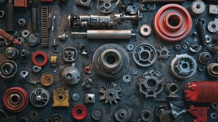 Fototapeta premium steel plate have parts of automobiles on top and motorcycles, as industrial machinery backgrounds. gears, gears, shock absorber, hydraulic, shock absorber, hydraulic, shock absorber, hydraulic,