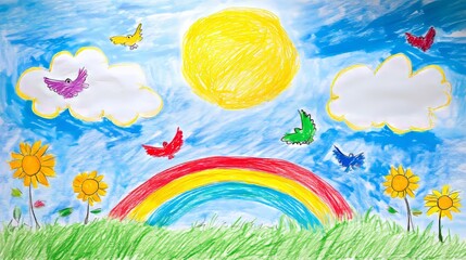 Crayon clouds with rainbow. Sky with sun and silhouette of a flock of birds. Colorful wax pencil kids drawing landscape. Vector naive and funny design element. Funky doodle clouds for childish collage