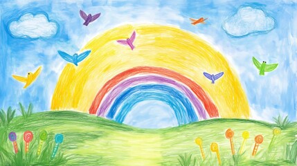 Crayon clouds with rainbow. Sky with sun and silhouette of a flock of birds. Colorful wax pencil kids drawing landscape. Vector naive and funny design element. Funky doodle clouds for childish collage