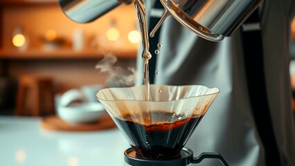 Pouring hot water over fresh coffee grounds in a glass pour-over setup. Steam rises as the rich coffee brews for a perfect cup.