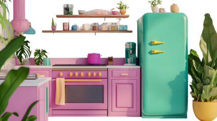 Retro Kitchen Interior Design with Pink Cabinets and Teal Refrigerator