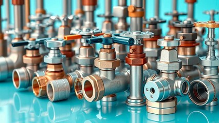 Detailed view of an arrangement of diverse valves, showcasing their intricate design and construction materials in a visually appealing composition.