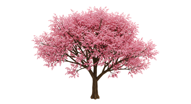 Isolated Pink Blossom Tree Growing Tall with Brown Trunk and Branches