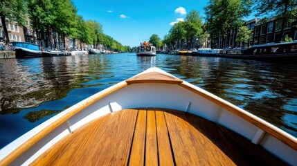The view from a wooden boat navigating through the canals of Amsterdam reveals lush trees and vibrant buildings under a bright blue sky, epitomizing urban charm and adventure.