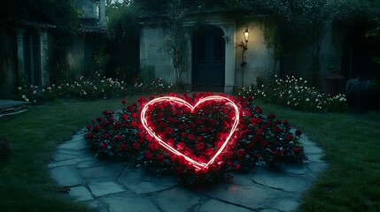 A glowing neon heart set among red rose bushes in garden